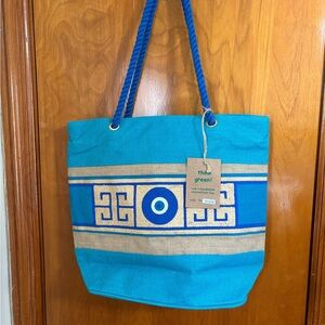 New Handmade Jute Large Evil Eye turquoise gold blue zip closure lined tote